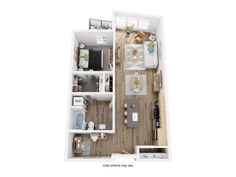 A floor plan of a small apartment with a kitchen, living room, and bathroom.